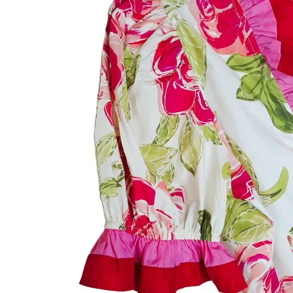 Entro Colorful Floral Ruffle Puff Sleeve Top M Boho Coquette - Picture 2 of 7